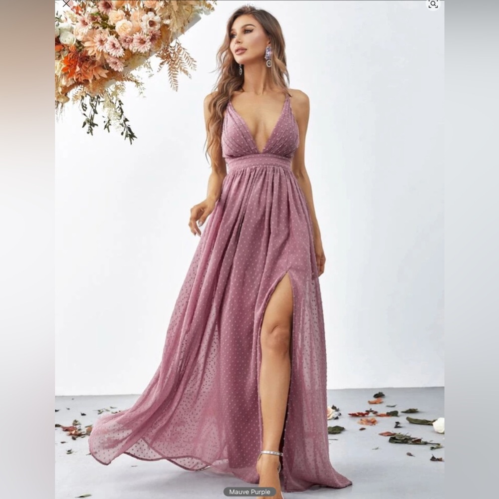 Mauve Purple Swiss Dot Plunging Neck Split Thigh Maxi Dress